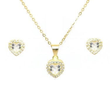 Faith Yellow Gold Sterling Silver CZ Heart Halo Necklace & Earrings Set 0.7 x 0.7, 0.8 x 0.8cm, 16-18"