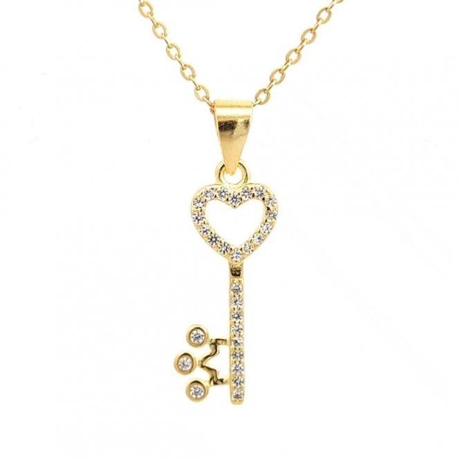 Faith Yellow Gold Sterling Silver  CZ Heart Top Key with Crown Necklace 0.9 x 1.9cm, 16-18