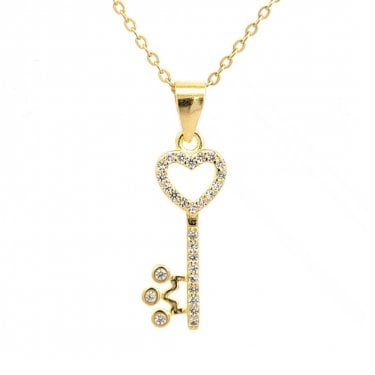 Faith Yellow Gold Sterling Silver CZ Heart Top Key with Crown Necklace 0.9 x 1.9cm, 16-18"