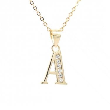 Faith Yellow Gold Sterling Silver CZ Initial A Necklace 0.9 x 1.2cm, 16-18"