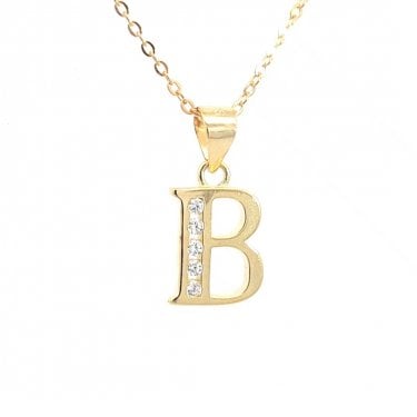 Faith Yellow Gold Sterling Silver CZ Initial B Necklace 0.9 x 1.1cm, 16-18"