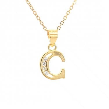 Faith Yellow Gold Sterling Silver CZ Initial C Necklace 0.9 x 1cm, 16-18"
