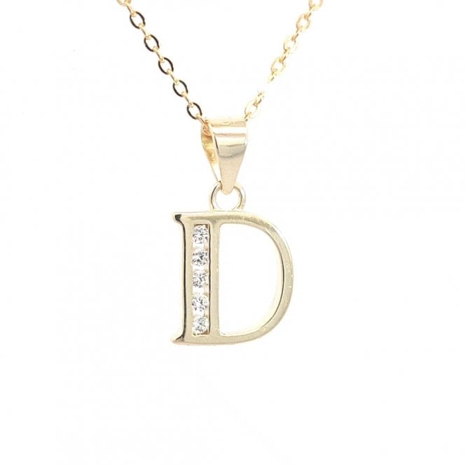 Faith Yellow Gold Sterling Silver  CZ Initial D Necklace 1 x 1.1cm, 16-18