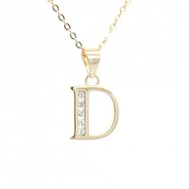 Faith Yellow Gold Sterling Silver CZ Initial D Necklace 1 x 1.1cm, 16-18"