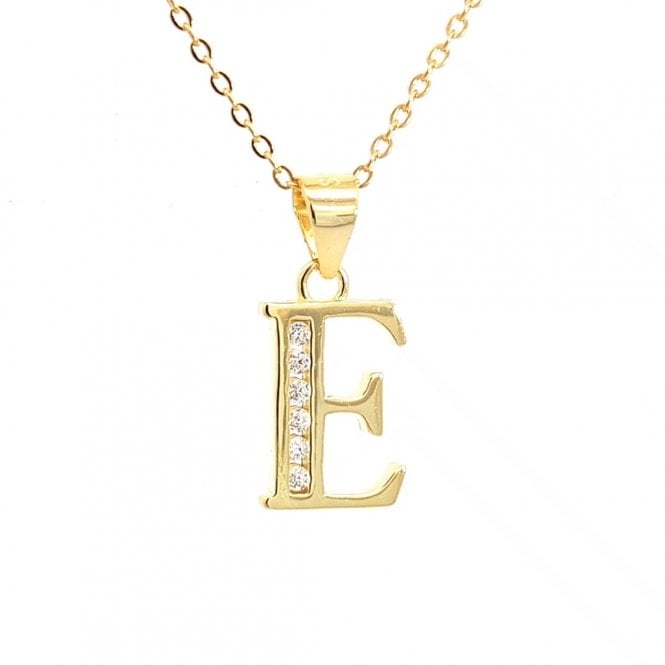 Faith Yellow Gold Sterling Silver  CZ Initial E Necklace 0.9 x 1.2cm, 16-18