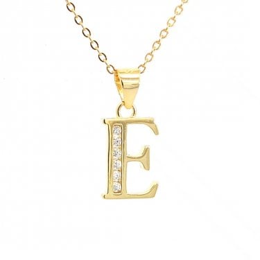Faith Yellow Gold Sterling Silver CZ Initial E Necklace 0.9 x 1.2cm, 16-18"