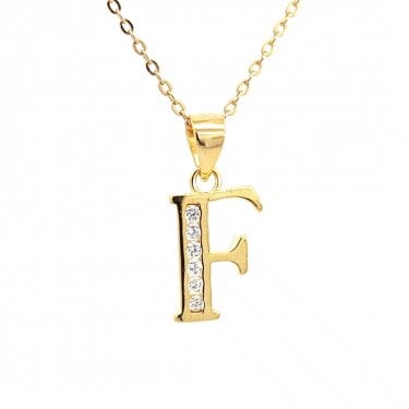 Faith Yellow Gold Sterling Silver CZ Initial F Necklace 0.9 x 1.2cm, 16-18"