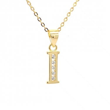 Faith Yellow Gold Sterling Silver CZ Initial I Necklace 0.5 x 1.2cm, 16-18"
