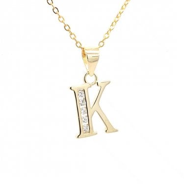 Faith Yellow Gold Sterling Silver CZ Initial K Necklace 0.9 x 1.1cm, 16-18"
