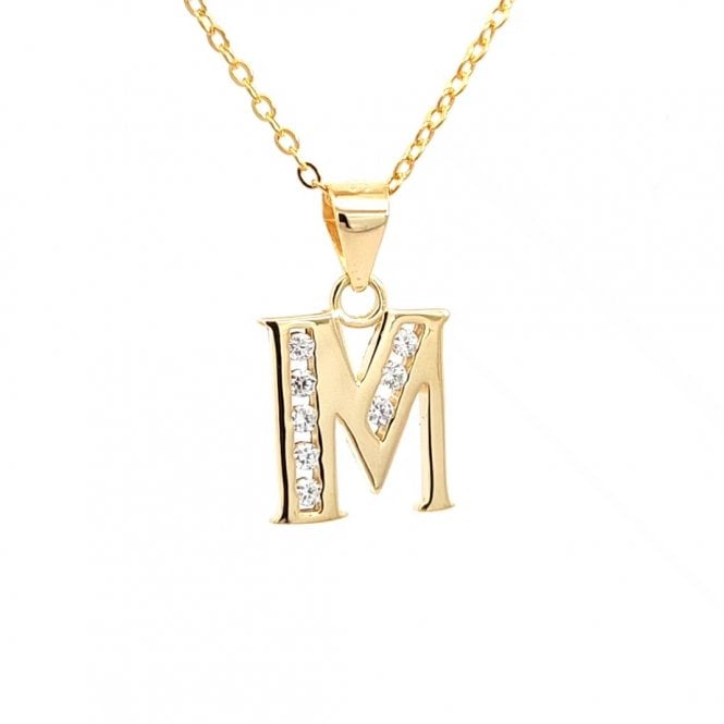 Faith Yellow Gold Sterling Silver  CZ Initial M Necklace 1 x 1.1cm, 16-18
