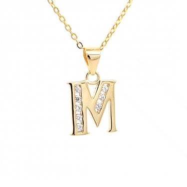 Faith Yellow Gold Sterling Silver CZ Initial M Necklace 1 x 1.1cm, 16-18"