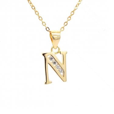 Faith Yellow Gold Sterling Silver CZ Initial N Necklace 0.9 x 1.1cm, 16-18"