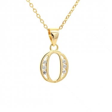 Faith Yellow Gold Sterling Silver CZ Initial O Necklace 1 x 1.1cm, 16-18"