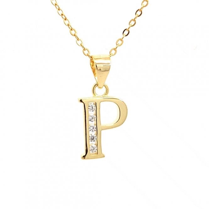 Faith Yellow Gold Sterling Silver  CZ Initial P Necklace 0.9 x 1.1cm, 16-18