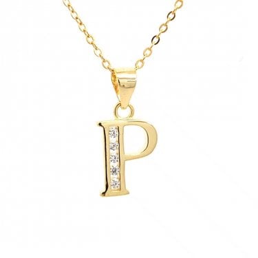 Faith Yellow Gold Sterling Silver CZ Initial P Necklace 0.9 x 1.1cm, 16-18"