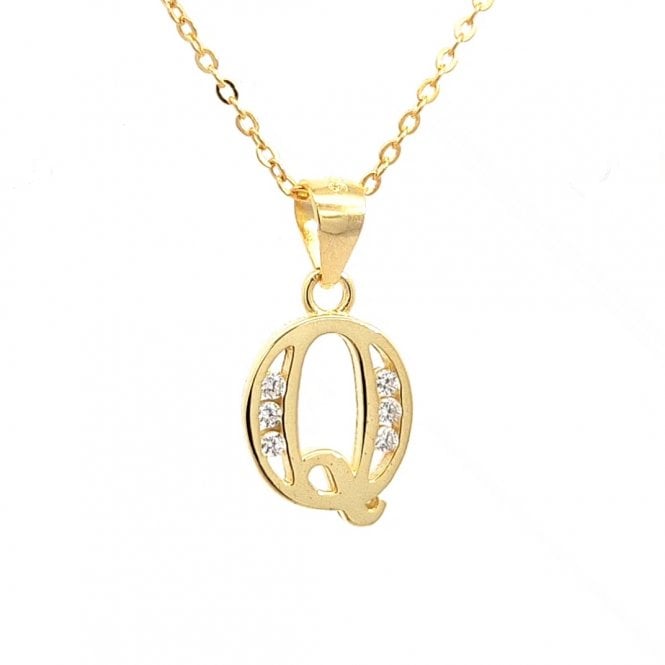 Faith Yellow Gold Sterling Silver  CZ Initial Q Necklace 1 x 1.2cm, 16-18