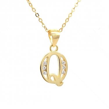 Faith Yellow Gold Sterling Silver CZ Initial Q Necklace 1 x 1.2cm, 16-18"