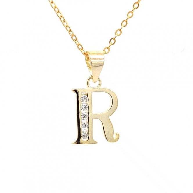 Faith Yellow Gold Sterling Silver  CZ Initial R Necklace 1 x 1.2cm, 16-18