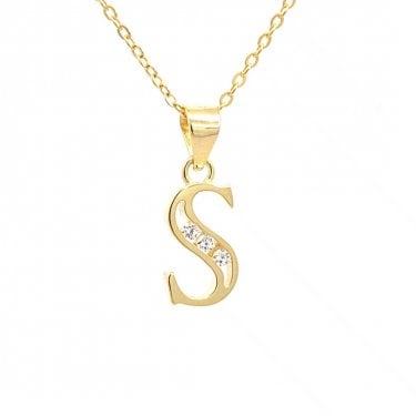 Faith Yellow Gold Sterling Silver CZ Initial S Necklace 0.7 x 1.1cm, 16-18"