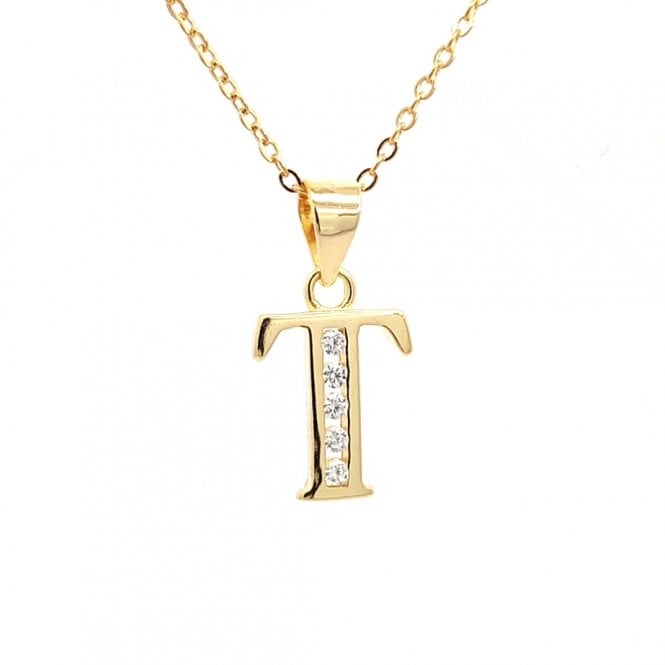 Faith Yellow Gold Sterling Silver  CZ Initial T Necklace 0.9 x 1.1cm, 16-18
