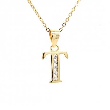 Faith Yellow Gold Sterling Silver CZ Initial T Necklace 0.9 x 1.1cm, 16-18"