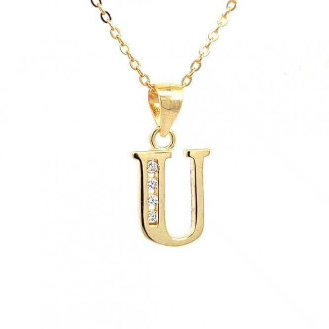 Faith Yellow Gold Sterling Silver  CZ Initial U Necklace 0.9 x 1.2cm, 16-18
