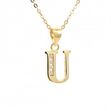 Faith Yellow Gold Sterling Silver CZ Initial U Necklace 0.9 x 1.2cm, 16-18"