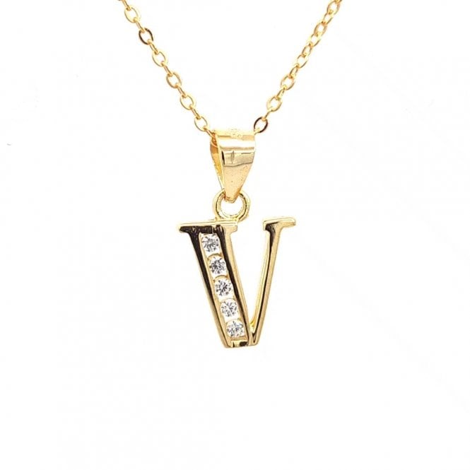 Faith Yellow Gold Sterling Silver  CZ Initial V Necklace 0.9 x 1.1cm, 16-18