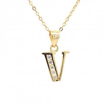 Faith Yellow Gold Sterling Silver CZ Initial V Necklace 0.9 x 1.1cm, 16-18"