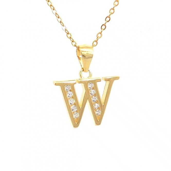 Faith Yellow Gold Sterling Silver  CZ Initial W Necklace 1.6 x 1.1cm, 16-18