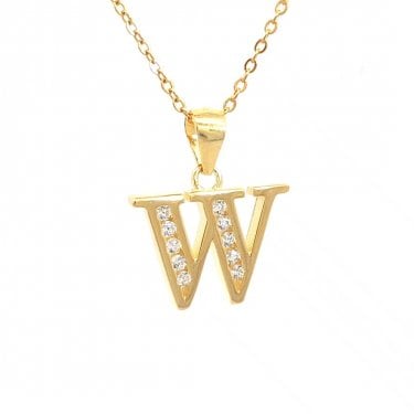 Faith Yellow Gold Sterling Silver CZ Initial W Necklace 1.6 x 1.1cm, 16-18"