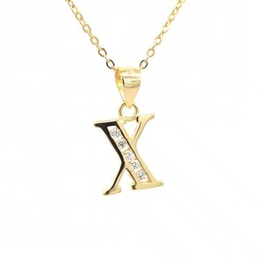 Faith Yellow Gold Sterling Silver CZ Initial X Necklace 0.9 x 1.1cm, 16-18"