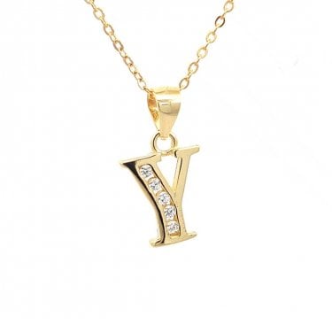 Faith Yellow Gold Sterling Silver CZ Initial Y Necklace 1 x 1.1cm, 16-18"
