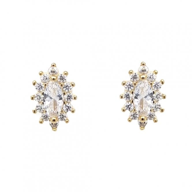 Faith Yellow Gold Sterling Silver  CZ Marquise Centre with Claw Set Halo Stud Earrings 0.7 x 1.1cm