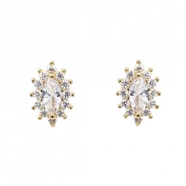 Faith Yellow Gold Sterling Silver CZ Marquise Centre with Claw Set Halo Stud Earrings 0.7 x 1.1cm