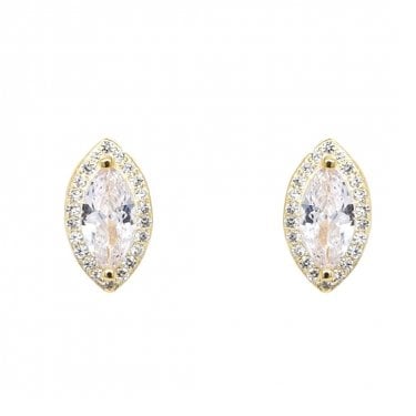 Faith Yellow Gold Sterling Silver CZ Marquise Halo Stud Earrings 0.7 x 1.2cm