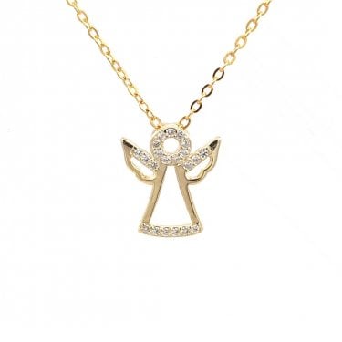 Faith Yellow Gold Sterling Silver CZ Open Angel Necklace 1.1 x 1.2cm, 16-18"