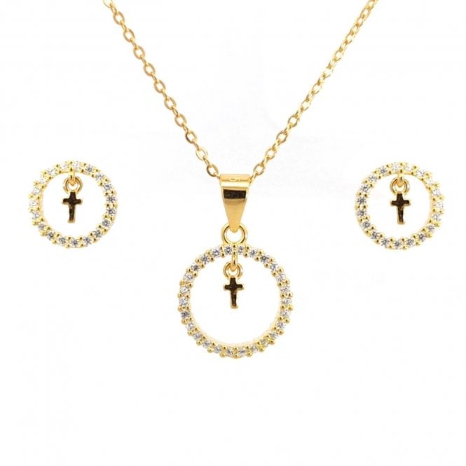 Faith Yellow Gold Sterling Silver  CZ Open Circle with Hanging Cross Necklace & Earrings Set 1 x 1, 1.3 x 1.3cm, 16-18