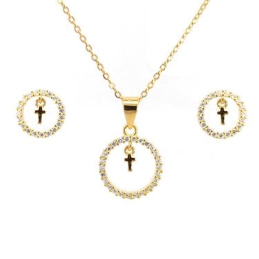 Faith Yellow Gold Sterling Silver CZ Open Circle with Hanging Cross Necklace & Earrings Set 1 x 1, 1.3 x 1.3cm, 16-18"