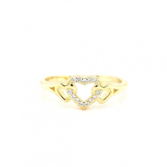 Faith Yellow Gold Sterling Silver  CZ Open Heart Centre with Plain Open Heart Sides Ring