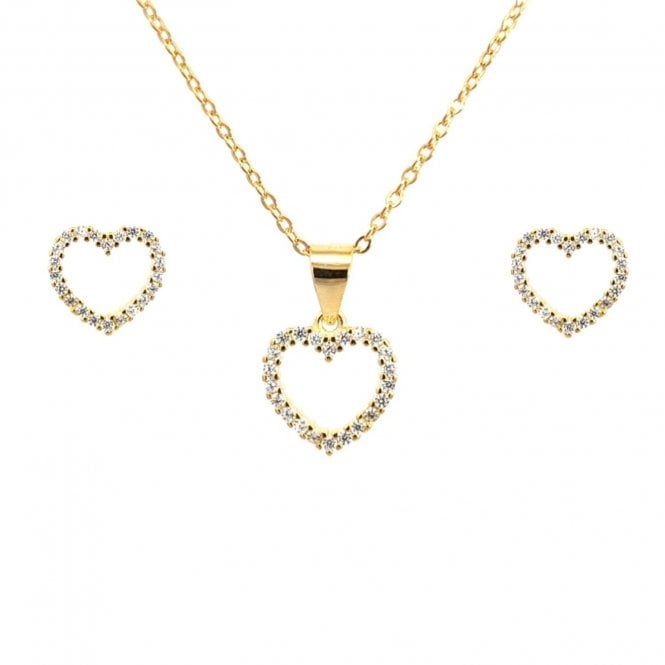 Faith Yellow Gold Sterling Silver  CZ Open Heart Necklace & Earrings Set 0.9 x 0.9, 1 x 1cm, 16-18