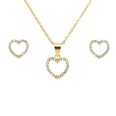 Faith Yellow Gold Sterling Silver CZ Open Heart Necklace & Earrings Set 0.9 x 0.9, 1 x 1cm, 16-18"