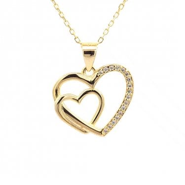 Faith Yellow Gold Sterling Silver CZ Open Heart with Heart Inside 1.7 x 1.5cm, 16-18"