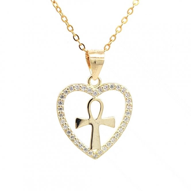 Faith Yellow Gold Sterling Silver  CZ Open Heart with Plain Loop Top Cross Necklace 1.5 x 1.6cm, 16-18