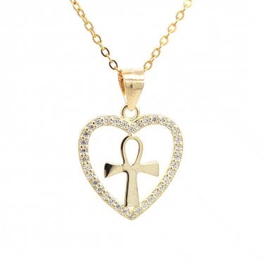Faith Yellow Gold Sterling Silver CZ Open Heart with Plain Loop Top Cross Necklace 1.5 x 1.6cm, 16-18"