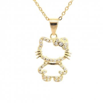 Faith Yellow Gold Sterling Silver CZ Outline Hello Kitty Necklace 1.3 x 1.6cm, 16-18"