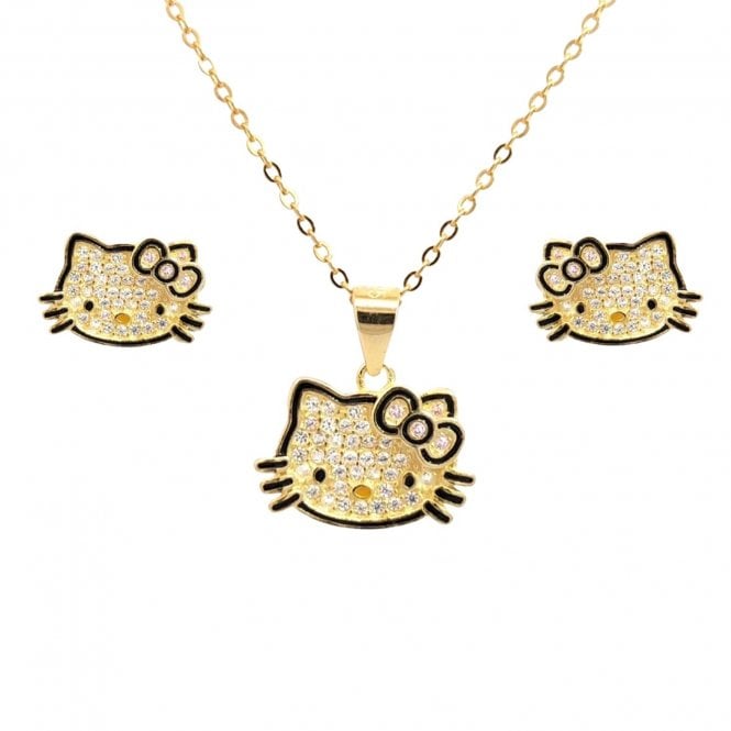 Faith Yellow Gold Sterling Silver  CZ Pavé Hello Kitty with Pink CZ Bow and Black Outline Necklace & Earrings Set 1.1 x 0.8, 1.5 x 1cm, 16-18