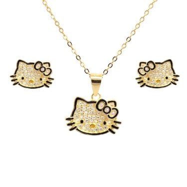 Faith Yellow Gold Sterling Silver CZ Pavé Hello Kitty with Pink CZ Bow and Black Outline Necklace & Earrings Set 1.1 x 0.8, 1.5 x 1cm, 16-18"