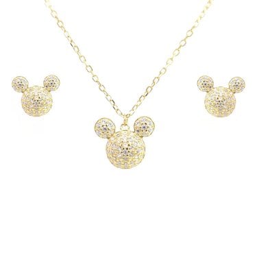 Faith Yellow Gold Sterling Silver CZ Pavé Mickey Mouse Necklace & Earrings Set 0.9 x 0.9, 1.1 x 1.1cm, 16-18"