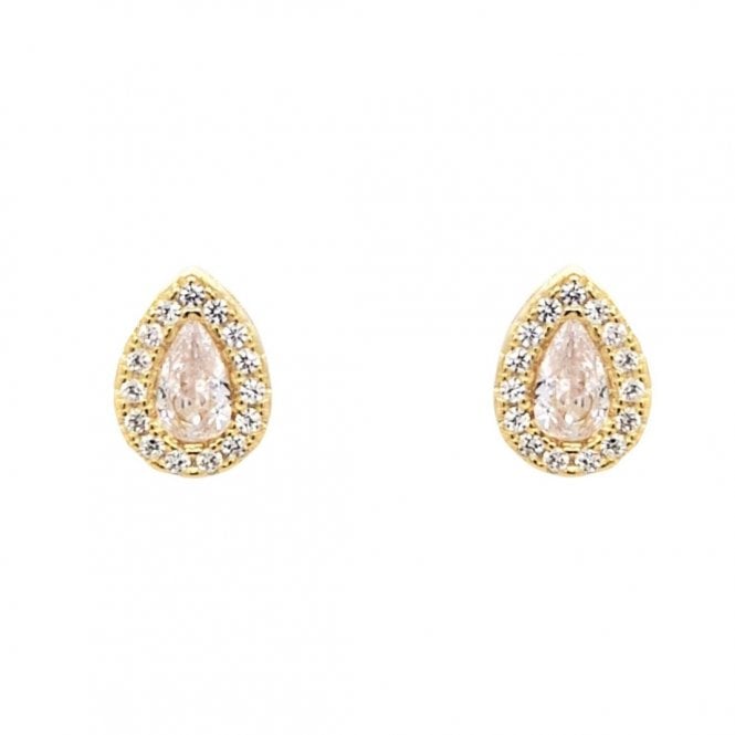 Faith Yellow Gold Sterling Silver  CZ Pear Halo Stud Earrings 0.6 x 0.8cm